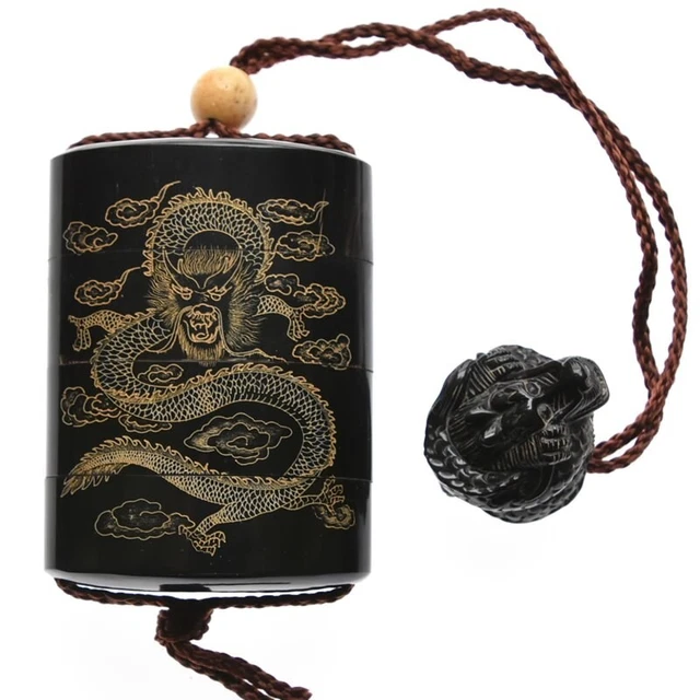 INRO tiger pattern MAKI-E lacquer wooden Japanese antique & NETSUKE Used