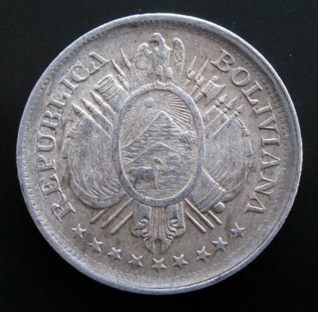 BOLIVIA . 1/2 MEDIUM BOLIVIAN 50 CENTS 1900 .0.41oz/1 3/16in . SILVER