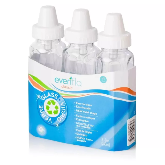 Evenflo Classic Twist Pack of 3 8-Ounce Glass Bottles for baby Vented Nipple