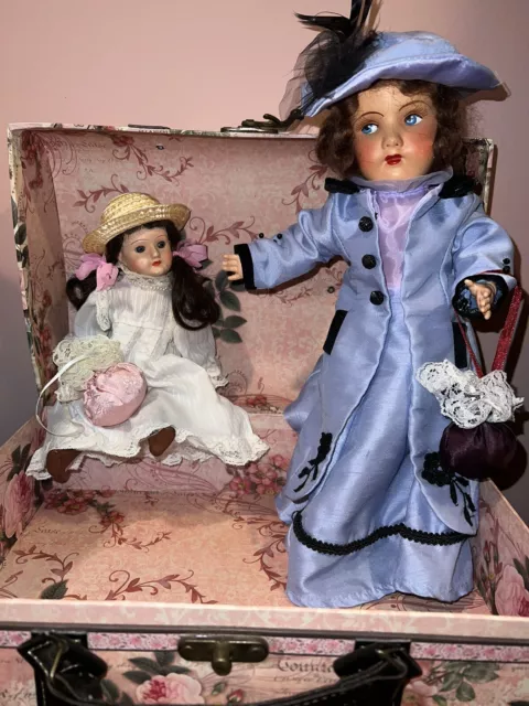PAIR sweet antique French SFBJ Paris dolls 14'',10'' / france box