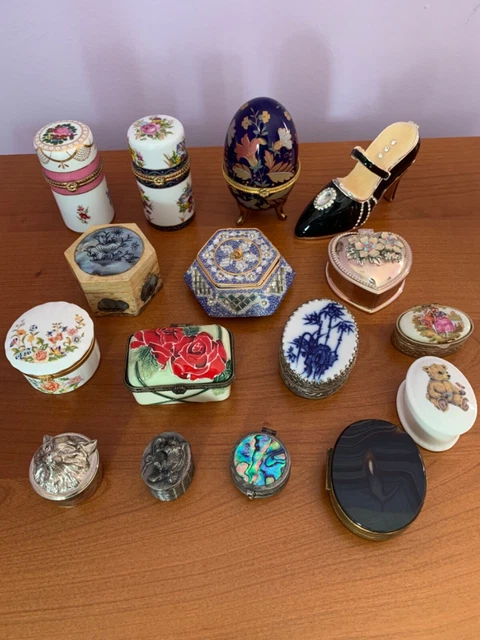 Job Lot 16 Trinket Boxes. Enamel, Silver Plate, Shell, Tupton, Aynsley, Cat, Egg
