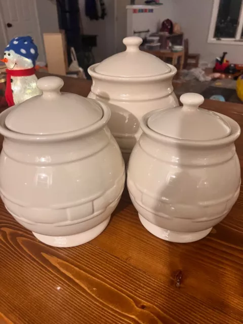 Set of 3 Longaberger Cream Ivory Woven Traditions Heritage Canister Jar & Lid