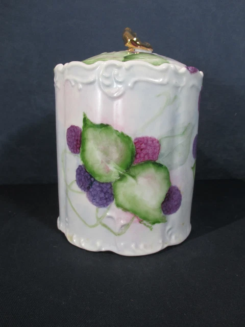 Canister Vanity Jar Trinket Hand Painted Porcelain Vintage Berries Leaves Signed