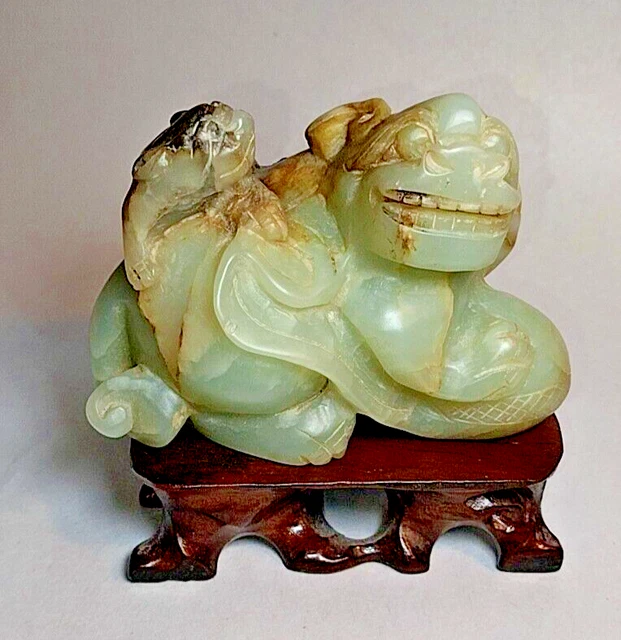 Vintage Celadon & Russet Jade Foo Dog w/ Otter Sculpture Carving 3.5" Stunning!!