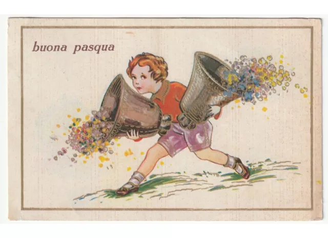 1934 Buona Pasqua cartolina augurale d'epoca bambino campane pasquali