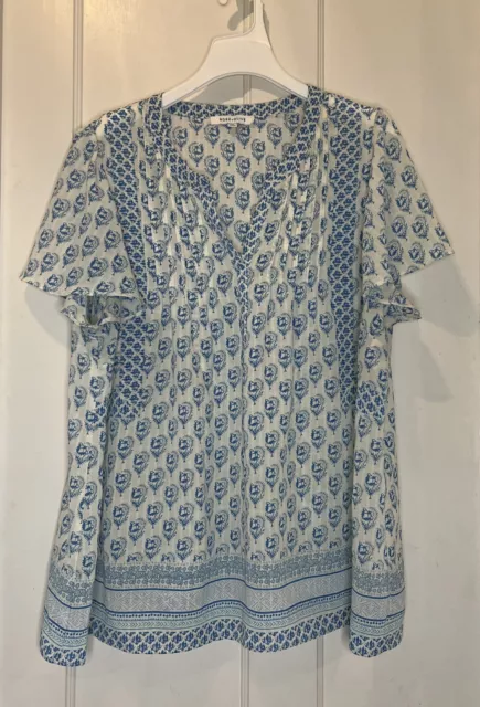 Rose + Olive Womens Tunic Top Blouse Shirt 2x Peasant Sheer Boho Blue White