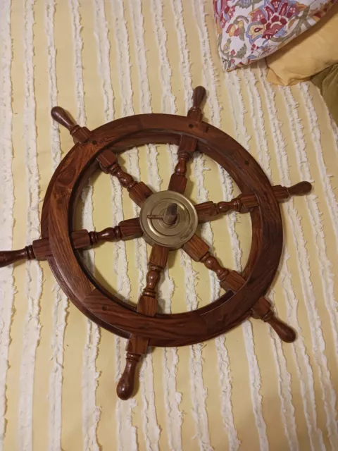 Wooden Ship's Steering Wheel, 24", Nautical Hanging Wall Decor, Brass Hub