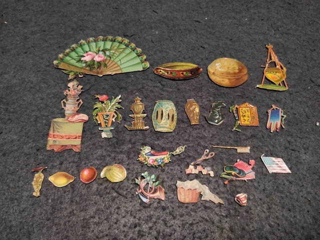 Rare Antique Victorian Die Cut Scraps Objects And Fruits Lot 9