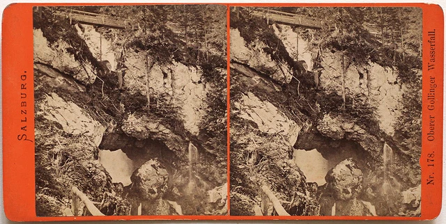 Echtes Original 1880s Stereoaufnahme Golling Wasserfall BALDI & WÜRTHLE Salzburg