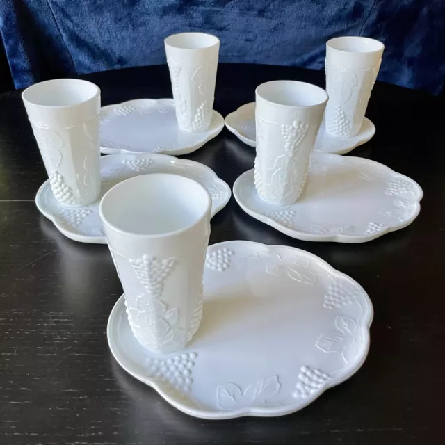 5 Vintage Indiana Colony Milk Glass Luncheon Sets Harvest Grape Ice Tea Glass