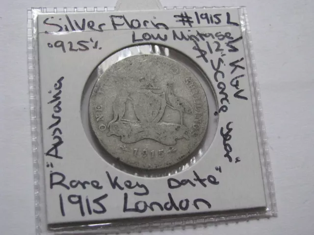 1915 L Silver Florin Rare Low mintage Key Date Australia KGV Silver Coin .925