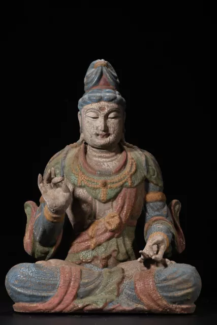 Antique Wooden Carving Chinese Carved Wood Buddha Statue Painted Kwan Yin Rare