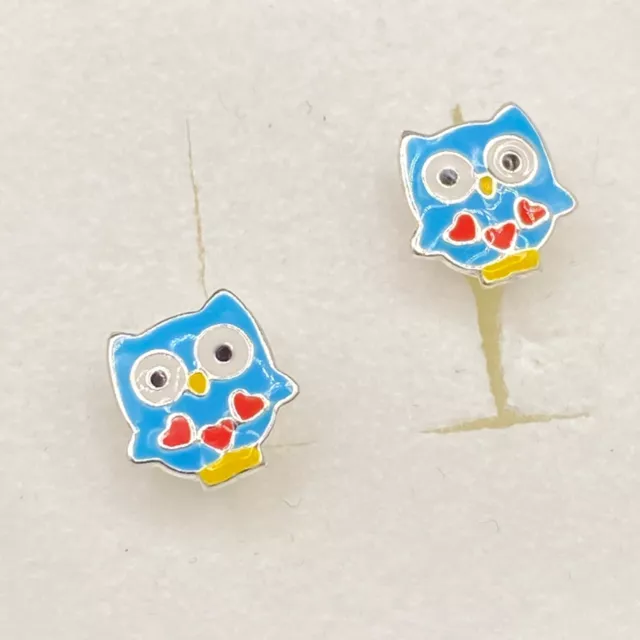 Love Owls Ear Studs 925 Sterling Silver Earrings Boxed Blue Enamel Bird