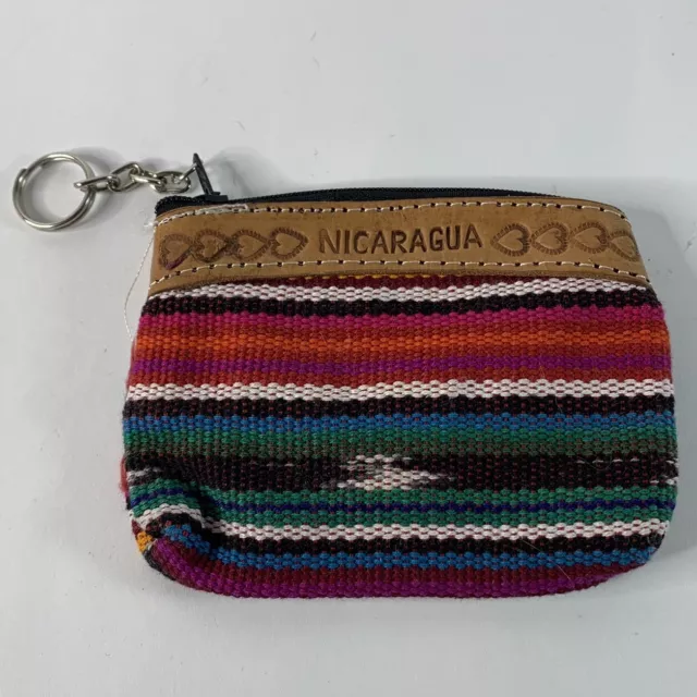 Nicaragua Multicolor Tribal Stripes Leather Trim Coin Purse Pouch Wallet 4.5x3.5 3