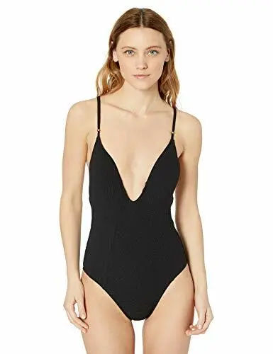 MSRP $114 Lucky Brand Plunge Front One Piece Swimsuit Black Size LARGE