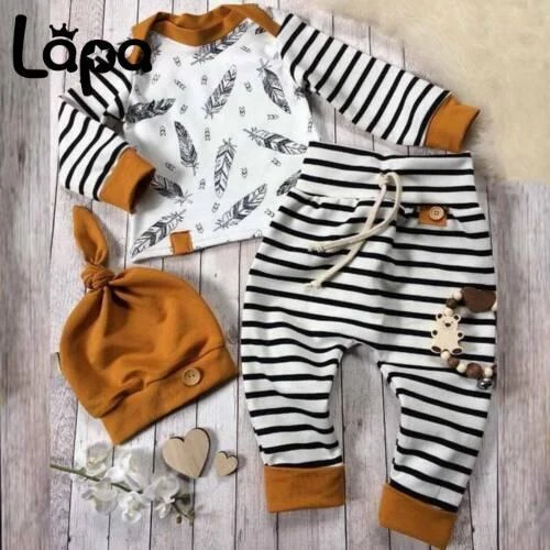 3PCS Newborn Baby Boys Long Sleeve Tops Pants Hat Outfits Tracksuit Clothes Set