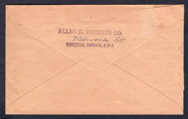 Cubierta única de 1/- con estampilla en correo aéreo de Jamaica 1942 a EE. UU. Etiqueta / etiqueta 2