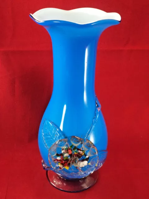 Vintage Chinese Plum Blossom Cased Art Glass Vase Hand Blown Blue Applied Flower