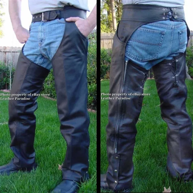 HEAVY DUTY Lined Naked Cowhide Leather Motorcycle Riding Chaps Black All Sizes