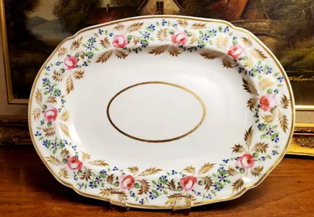 Georgian Antique English Derby Porcelain Tray Blue Cornflower Pink Green Gilt #1