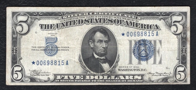 Fr. 1650* 1934 $5 Five Dollars *Star* Silver Certificate Currency Note Very Fine
