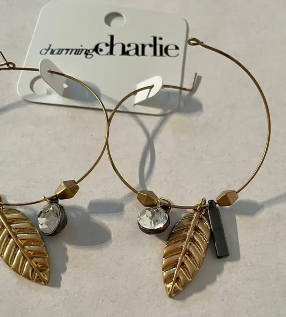 Charming Charlie Gold Hoop Feather Charm Earrings 3