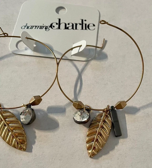 Charming Charlie Gold Hoop Feather Charm Earrings 3