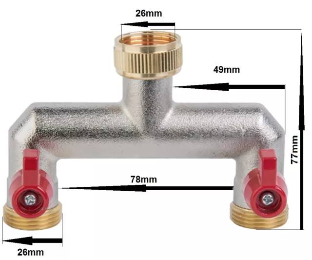 Garden watering tap two way tap metal splitter with flow control valves, 2