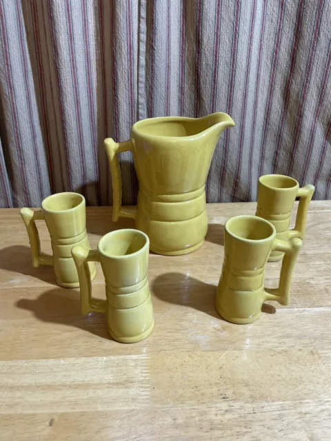 VTG MCM Frankoma Yellow Pitcher with 4 Mugs, Cups, Demitasse 26D