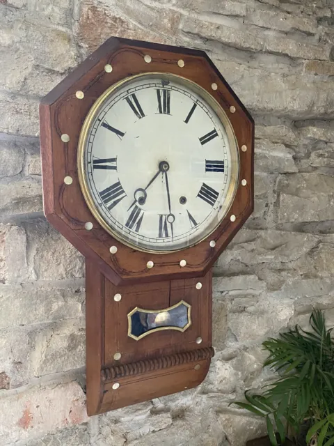 Antique Large 12” Oak Drop Dial Wall School Station Rail Wind Up Clock Ansonia? 3