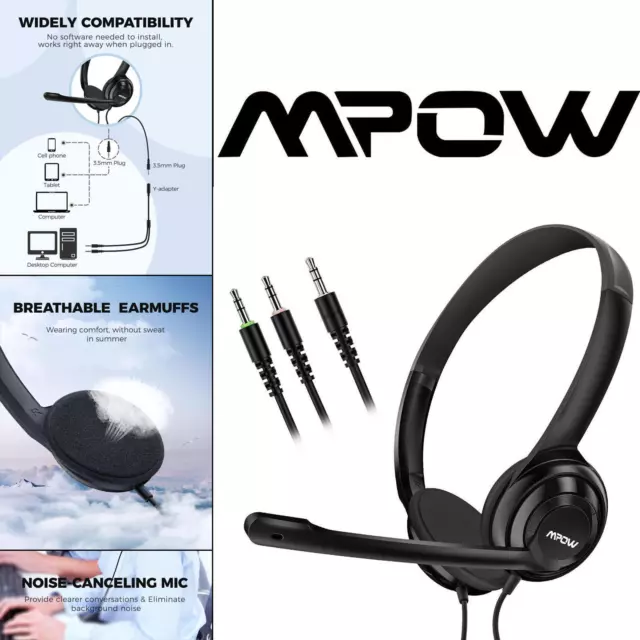 MPOW USB Headset Computer Wired HeadPhone Stereo Sound In-Line Control HeadSet