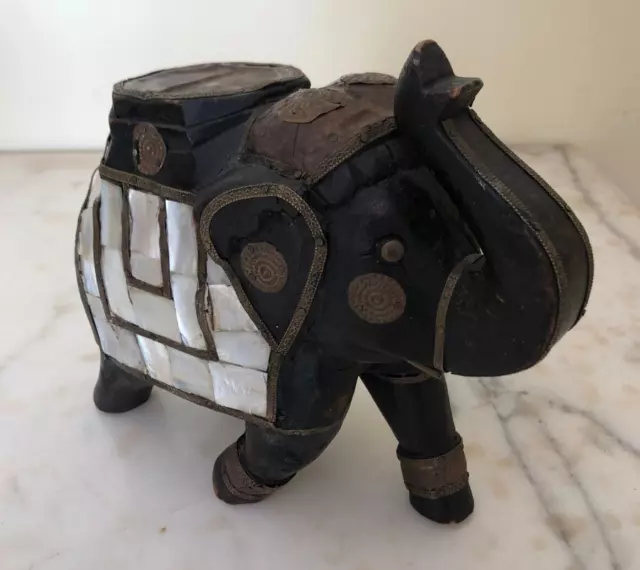 Indian Elephant with Copper and Mother of Pearl Decorations 20hx23x10cm Indian Elephant with Copper and Mother of Pearl Decorations 20hx23x10cm