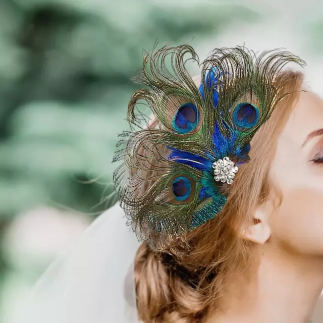 Women Peacock Feather Hair Clip Fascinator 1920S Vintage Elegant with 2