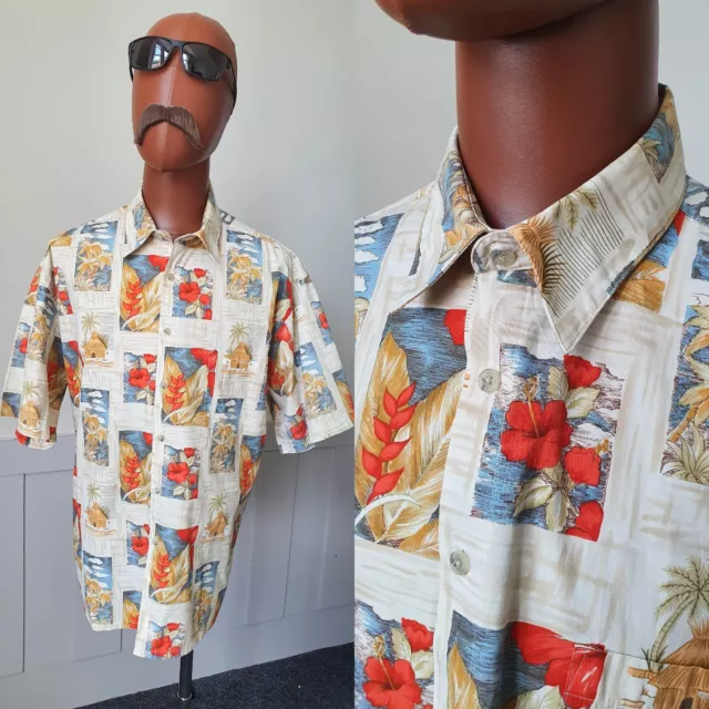 Pierre Cardin Aloha Shirt Size XL Beige Pattern Cotton Hawaiian Vintage 80s XL68