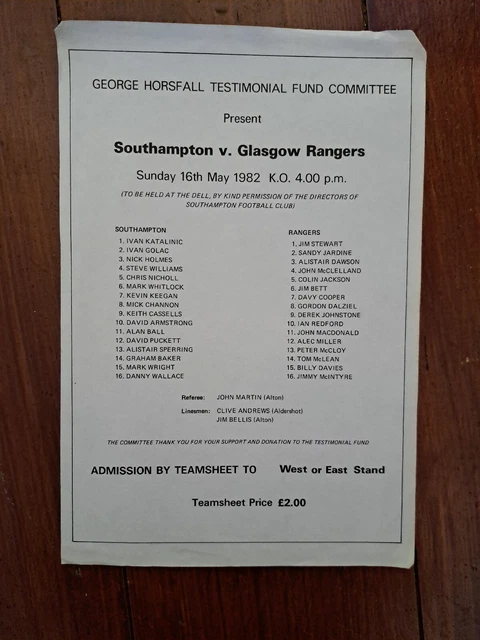 Southampton V Glasgow Rangers 1982 George Horsfall Testimonial Teamsheet