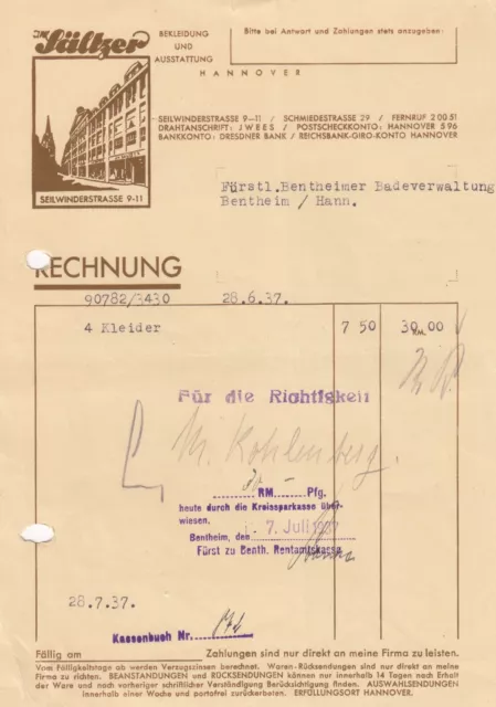 HANNOVER, Rechnung 1937, Sälzer Bekleidung und Ausstattung