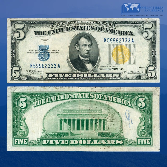 Fr.2307 1934A $5 Silver Certificate Yellow Seal "North Africa", VF #62333
