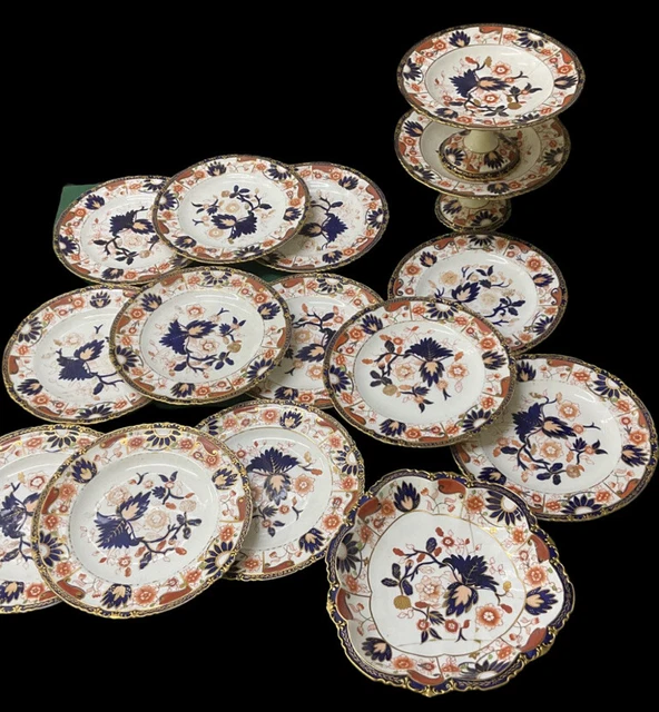 Antique Royal Crown Derby Imari Pattern 4493 Dessert Set 15 Pieces (A/F)