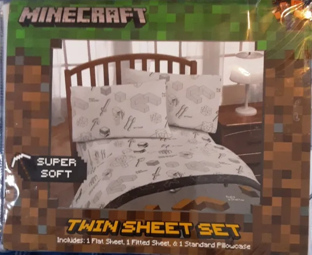 Mojang Minecraft Building Adventure Gaming White Bedding Twin Sheets Set NIP