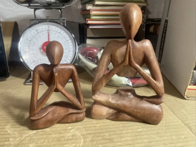 Natural Wood Meditation Yoga Sculpture Statue Hand Carved 8” & 6” Tall