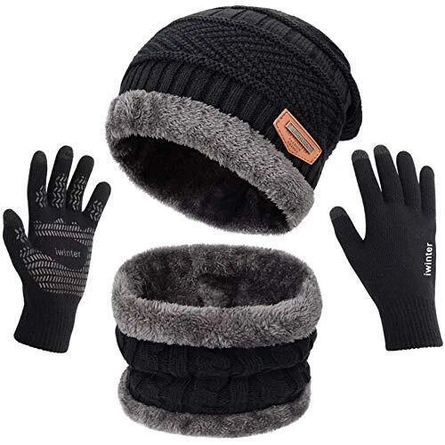 New 3 Pcs Warm Winter Knit Hat Scarf and Glove Set for Men Women Tech Good