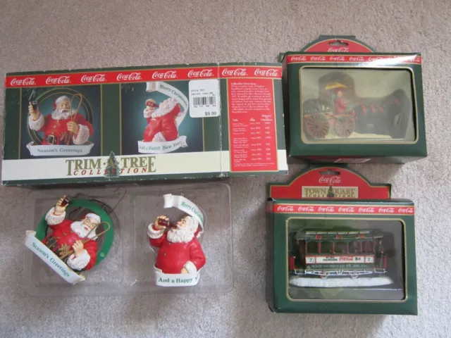 Lot of 4 Coca Cola Vtg 1992 Xmas ornaments In Boxes 2 Santa 2 Train NIB