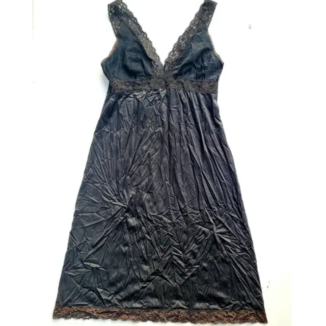 VINTAGE VASSARETTE BLACK V-neck Lace Trim Empire Waist Full Slip Dress  £33.96 - PicClick UK