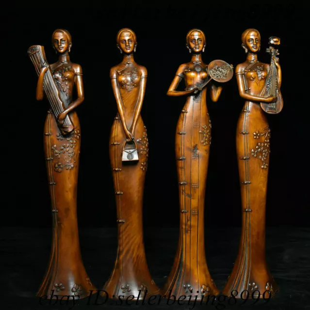 Old Chinese Boxwood Wood Carving 4 Beautiful Woman Beauty Belle Femme Statue Set