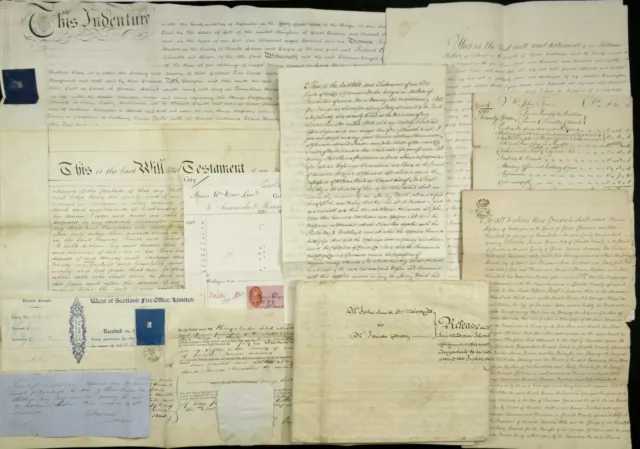 Job Lot Documents x 10. 18th - 19th century. Indentures, Wills, Lease, Receipts.