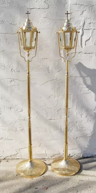 Pair Of Brass Processional Candlestick Torches / Lanterns With Base Stands #130