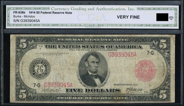 1914 $5 Five Dollar Red Seal Chicago Federal Reserve FRN Note Fr#838B