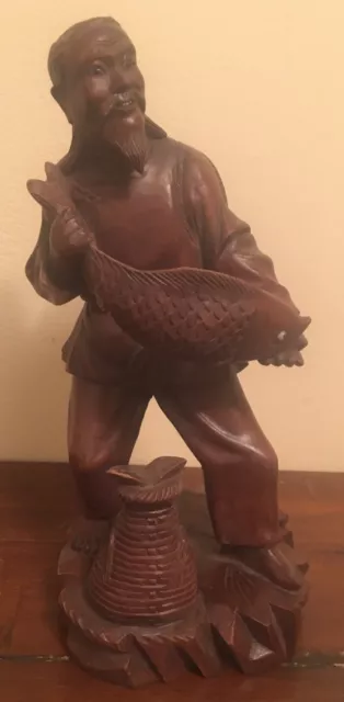 Vintage Hand Carved Teak Wooden Asian Fisherman Figurine Statue - Glass Eyes