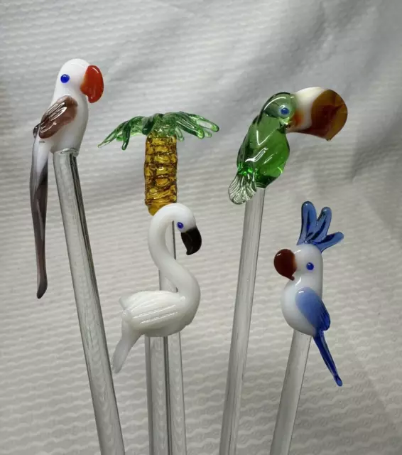 Set (5) Hand Blown Glass Swizzle Sticks ~Tropical Birds, Palm Tree & Flamingo
