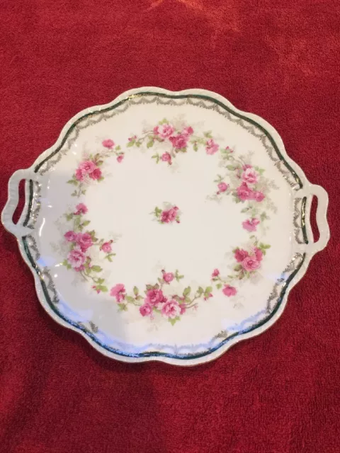 Austria Royal White Porcelain Pink Rose Floral Serving Cake Plate With Handles